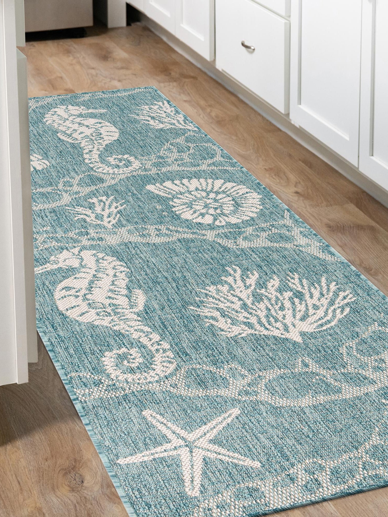 Aqua 2' 7 x 12' Outdoor Coastal Runner Area Rug Weather Resistant for Patio, Deck, Terrace, Balcony, Porch 100% Polypropylene Coastal Decor Carpet for Sale at Rug Engine