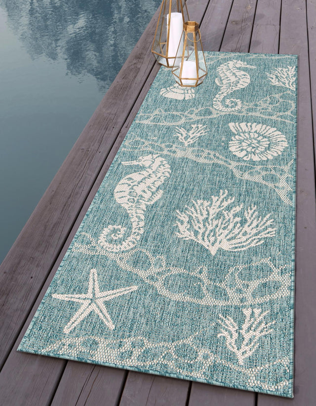 Aqua 2' x 6' 1 Outdoor Coastal Runner Area Rug Weather Resistant for Patio, Deck, Terrace, Balcony, Porch 100% Polypropylene Coastal Decor Carpet for Sale at Rug Engine