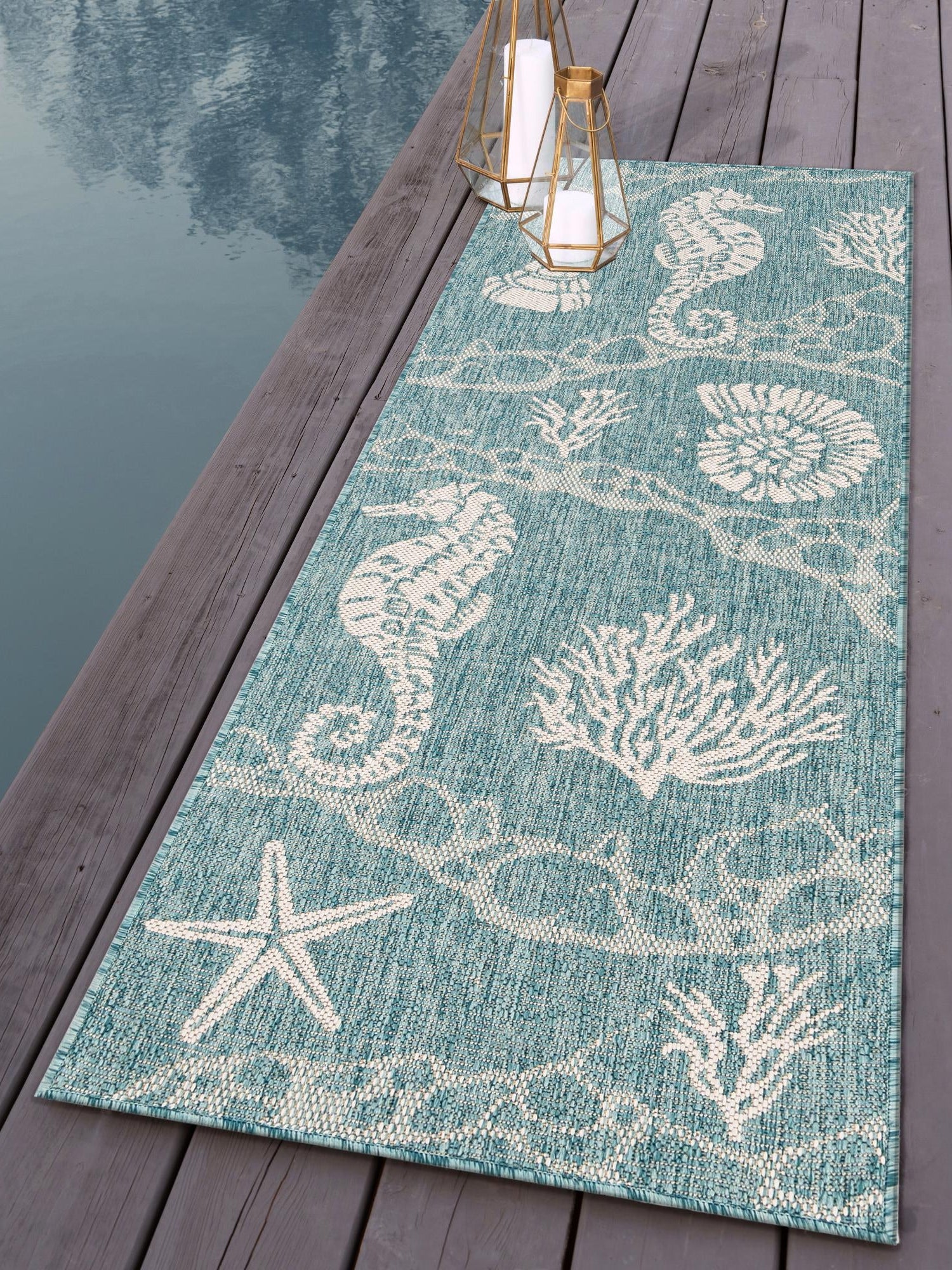 Aqua 2' x 8' Outdoor Coastal Runner Area Rug Weather Resistant for Patio, Deck, Terrace, Balcony, Porch 100% Polypropylene Coastal Decor Carpet for Sale at Rug Engine
