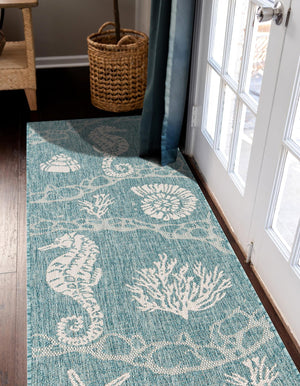 Aqua 2' x 6' 1 Outdoor Coastal Runner Area Rug Weather Resistant for Patio, Deck, Terrace, Balcony, Porch 100% Polypropylene Coastal Decor Carpet for Sale at Rug Engine