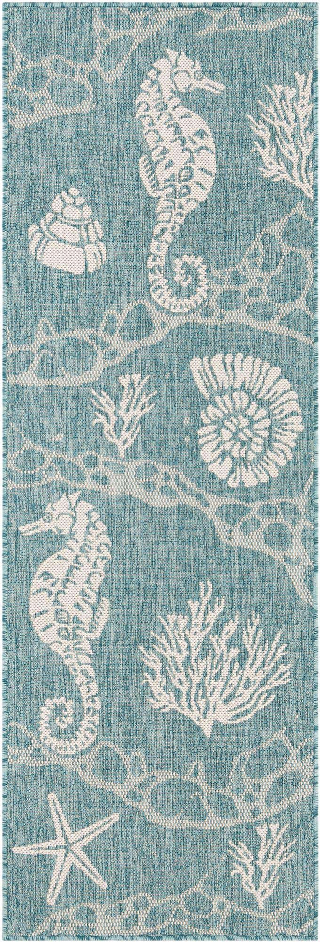 Aqua 2' x 6' 1 Outdoor Coastal Runner Area Rug Weather Resistant for Patio, Deck, Terrace, Balcony, Porch 100% Polypropylene Coastal Decor Carpet for Sale at Rug Engine