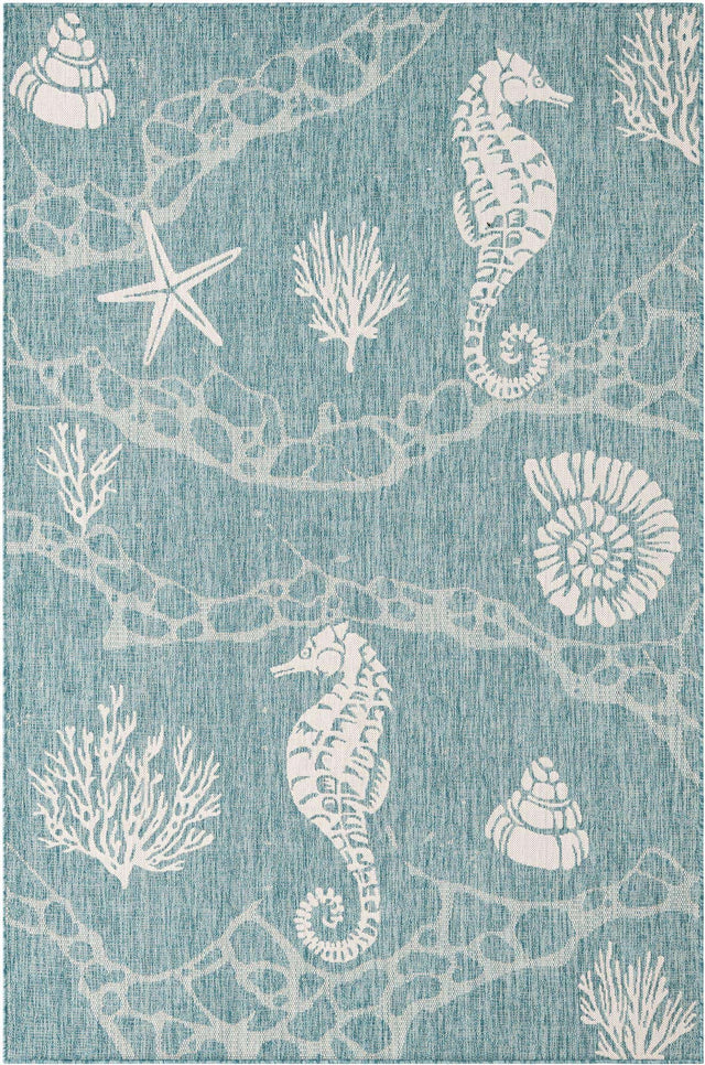 Aqua 6' 1 x 9' Outdoor Coastal Rectangle Area Rug Weather Resistant for Patio, Deck, Terrace, Balcony, Porch 100% Polypropylene Coastal Decor Carpet for Sale at Rug Engine