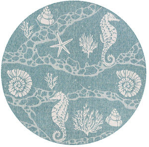 Aqua 7' 10 x 7' 10 Outdoor Coastal Round Area Rug Weather Resistant for Patio, Deck, Terrace, Balcony, Porch 100% Polypropylene Coastal Decor Carpet for Sale at Rug Engine