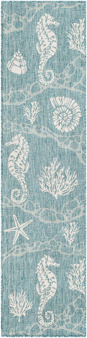 Aqua 2' x 8' Outdoor Coastal Runner Area Rug Weather Resistant for Patio, Deck, Terrace, Balcony, Porch 100% Polypropylene Coastal Decor Carpet for Sale at Rug Engine