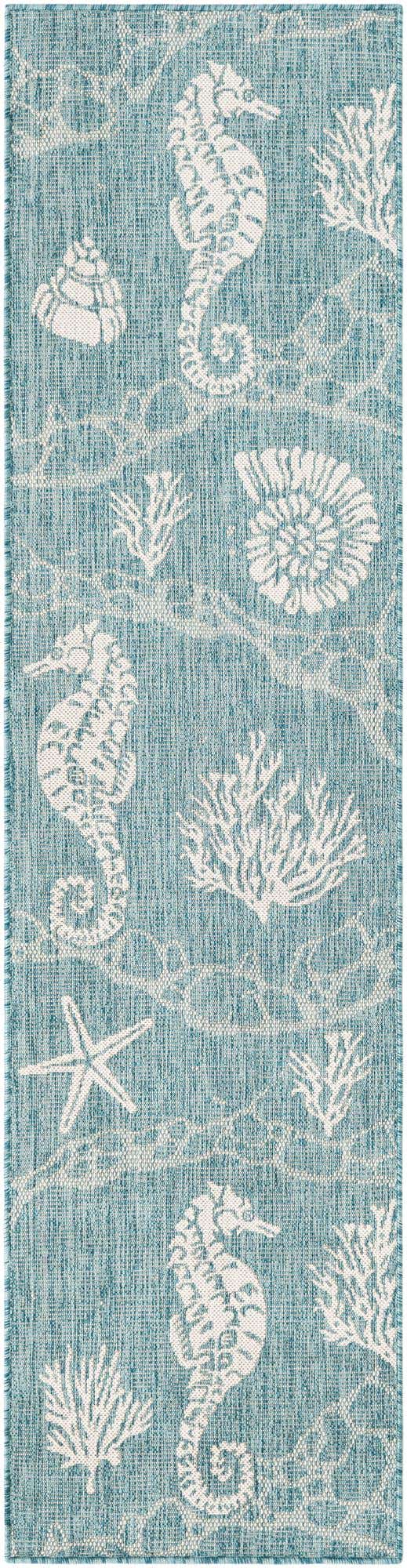 Aqua 2' x 8' Outdoor Coastal Runner Area Rug Weather Resistant for Patio, Deck, Terrace, Balcony, Porch 100% Polypropylene Coastal Decor Carpet for Sale at Rug Engine