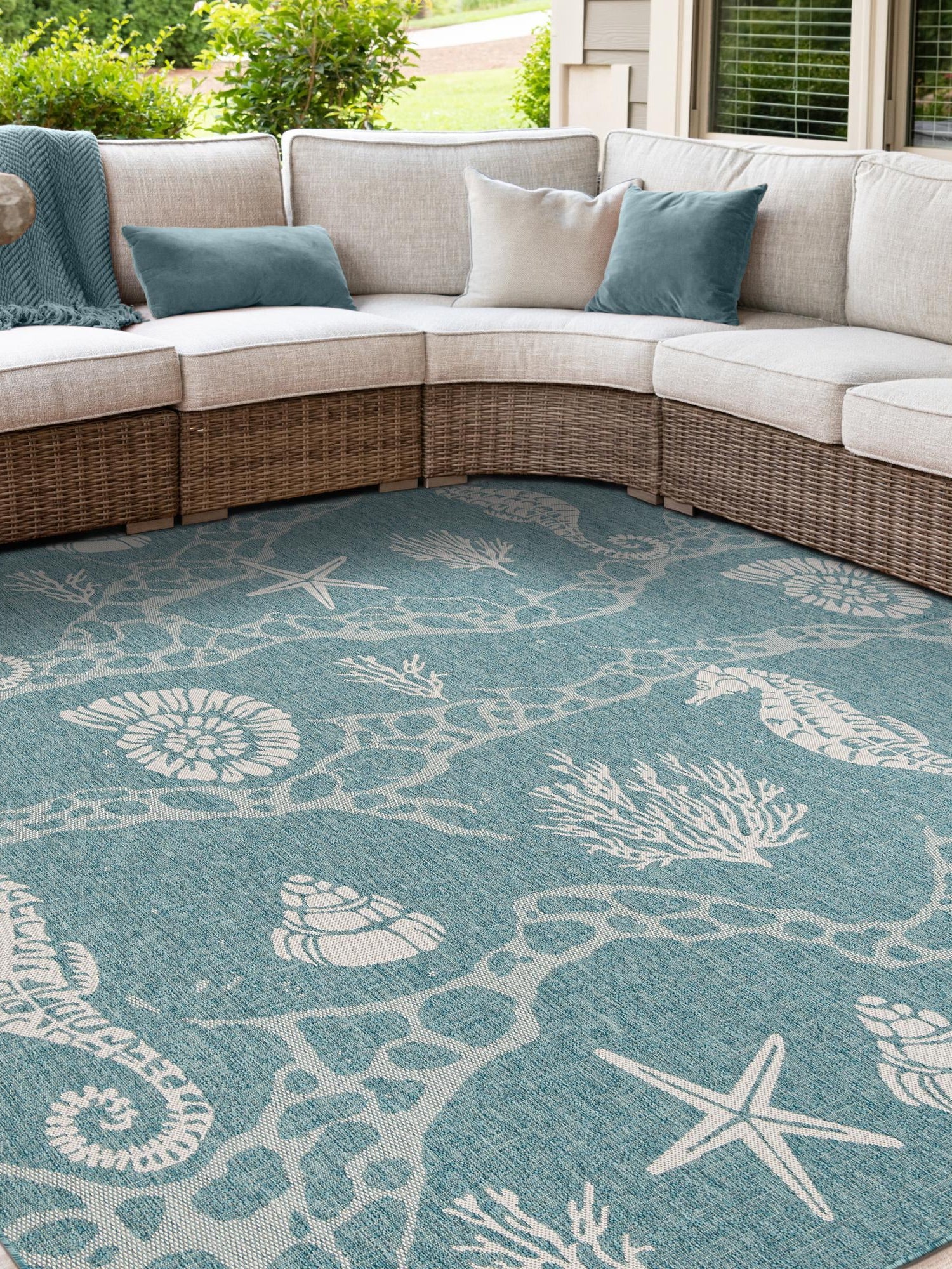 Aqua 10' x 10' Outdoor Coastal Square Area Rug Weather Resistant for Patio, Deck, Terrace, Balcony, Porch 100% Polypropylene Coastal Decor Carpet for Sale at Rug Engine