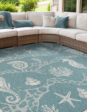 Aqua 7' 10 x 7' 10 Outdoor Coastal Square Area Rug Weather Resistant for Patio, Deck, Terrace, Balcony, Porch 100% Polypropylene Coastal Decor Carpet for Sale at Rug Engine