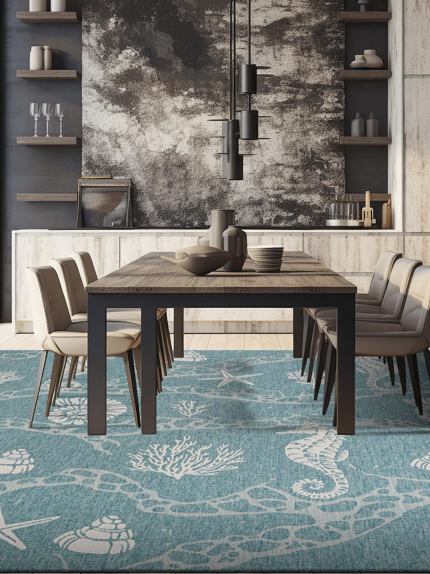 Aqua 10' x 10' Outdoor Coastal Square Area Rug Weather Resistant for Patio, Deck, Terrace, Balcony, Porch 100% Polypropylene Coastal Decor Carpet for Sale at Rug Engine