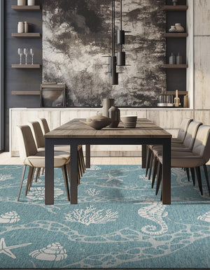 Aqua 10' x 10' Outdoor Coastal Square Area Rug Weather Resistant for Patio, Deck, Terrace, Balcony, Porch 100% Polypropylene Coastal Decor Carpet for Sale at Rug Engine