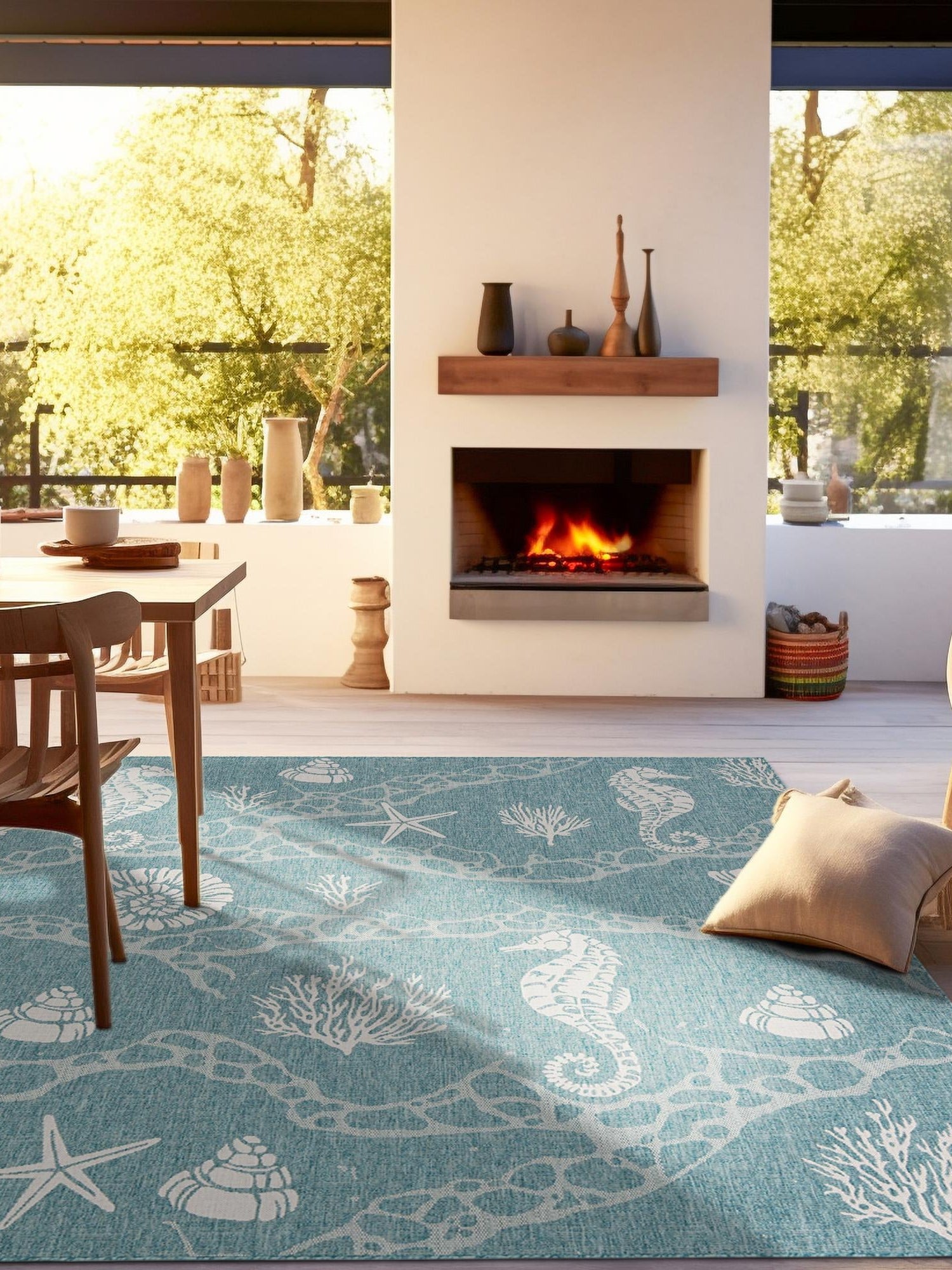 Aqua 10' x 10' Outdoor Coastal Square Area Rug Weather Resistant for Patio, Deck, Terrace, Balcony, Porch 100% Polypropylene Coastal Decor Carpet for Sale at Rug Engine