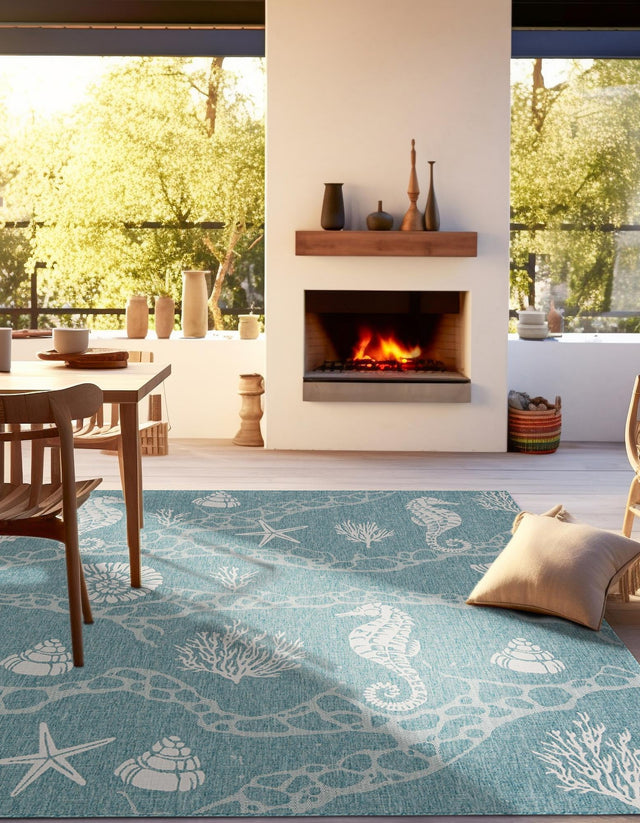Aqua 10' x 10' Outdoor Coastal Square Area Rug Weather Resistant for Patio, Deck, Terrace, Balcony, Porch 100% Polypropylene Coastal Decor Carpet for Sale at Rug Engine