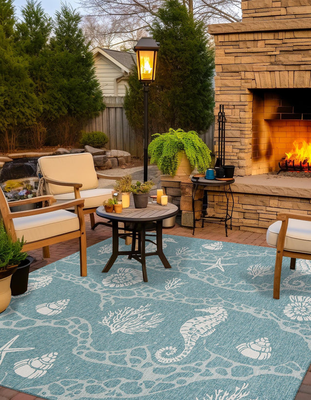 Aqua 7' 10 x 7' 10 Outdoor Coastal Square Area Rug Weather Resistant for Patio, Deck, Terrace, Balcony, Porch 100% Polypropylene Coastal Decor Carpet for Sale at Rug Engine