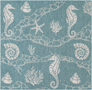 Aqua 7' 10 x 7' 10 Outdoor Coastal Square Area Rug Weather Resistant for Patio, Deck, Terrace, Balcony, Porch 100% Polypropylene Coastal Decor Carpet for Sale at Rug Engine
