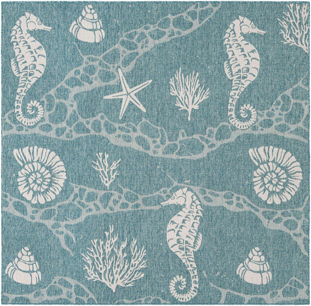 Aqua 7' 10 x 7' 10 Outdoor Coastal Square Area Rug Weather Resistant for Patio, Deck, Terrace, Balcony, Porch 100% Polypropylene Coastal Decor Carpet for Sale at Rug Engine