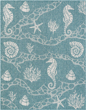 Aqua 7' 10 x 10' Outdoor Coastal Rectangle Area Rug Weather Resistant for Patio, Deck, Terrace, Balcony, Porch 100% Polypropylene Coastal Decor Carpet for Sale at Rug Engine