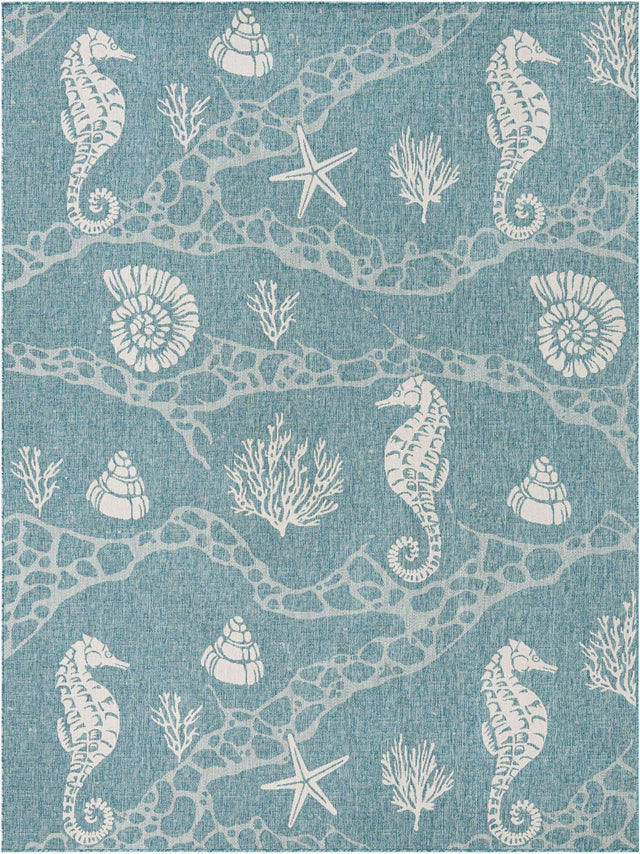 Aqua 9' x 12' Outdoor Coastal Rectangle Area Rug Weather Resistant for Patio, Deck, Terrace, Balcony, Porch 100% Polypropylene Coastal Decor Carpet for Sale at Rug Engine