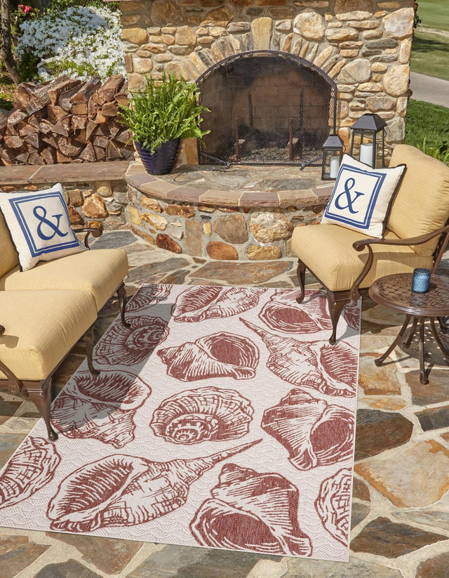 Ivory Red 7' 10 x 10' Outdoor Coastal Rectangle Area Rug Weather Resistant for Patio, Deck, Terrace, Balcony, Porch 100% Polypropylene Coastal Decor Carpet for Sale at Rug Engine