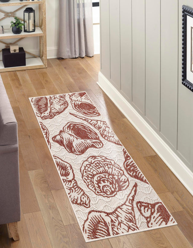 Ivory Red 2' 7 x 12' Outdoor Coastal Runner Area Rug Weather Resistant for Patio, Deck, Terrace, Balcony, Porch 100% Polypropylene Coastal Decor Carpet for Sale at Rug Engine