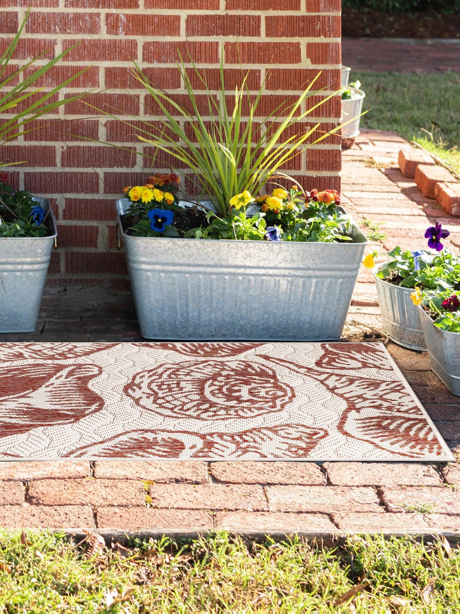 Ivory Rust Red 2' x 8' Outdoor Coastal Runner Area Rug Weather Resistant for Patio, Deck, Terrace, Balcony, Porch 100% Polypropylene Coastal Decor Carpet for Sale at Rug Engine