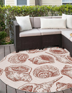 Ivory Rust Red 10' x 10' Outdoor Coastal Round Area Rug Weather Resistant for Patio, Deck, Terrace, Balcony, Porch 100% Polypropylene Coastal Decor Carpet for Sale at Rug Engine