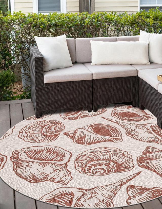 Ivory Rust Red 10' x 10' Outdoor Coastal Round Area Rug Weather Resistant for Patio, Deck, Terrace, Balcony, Porch 100% Polypropylene Coastal Decor Carpet for Sale at Rug Engine