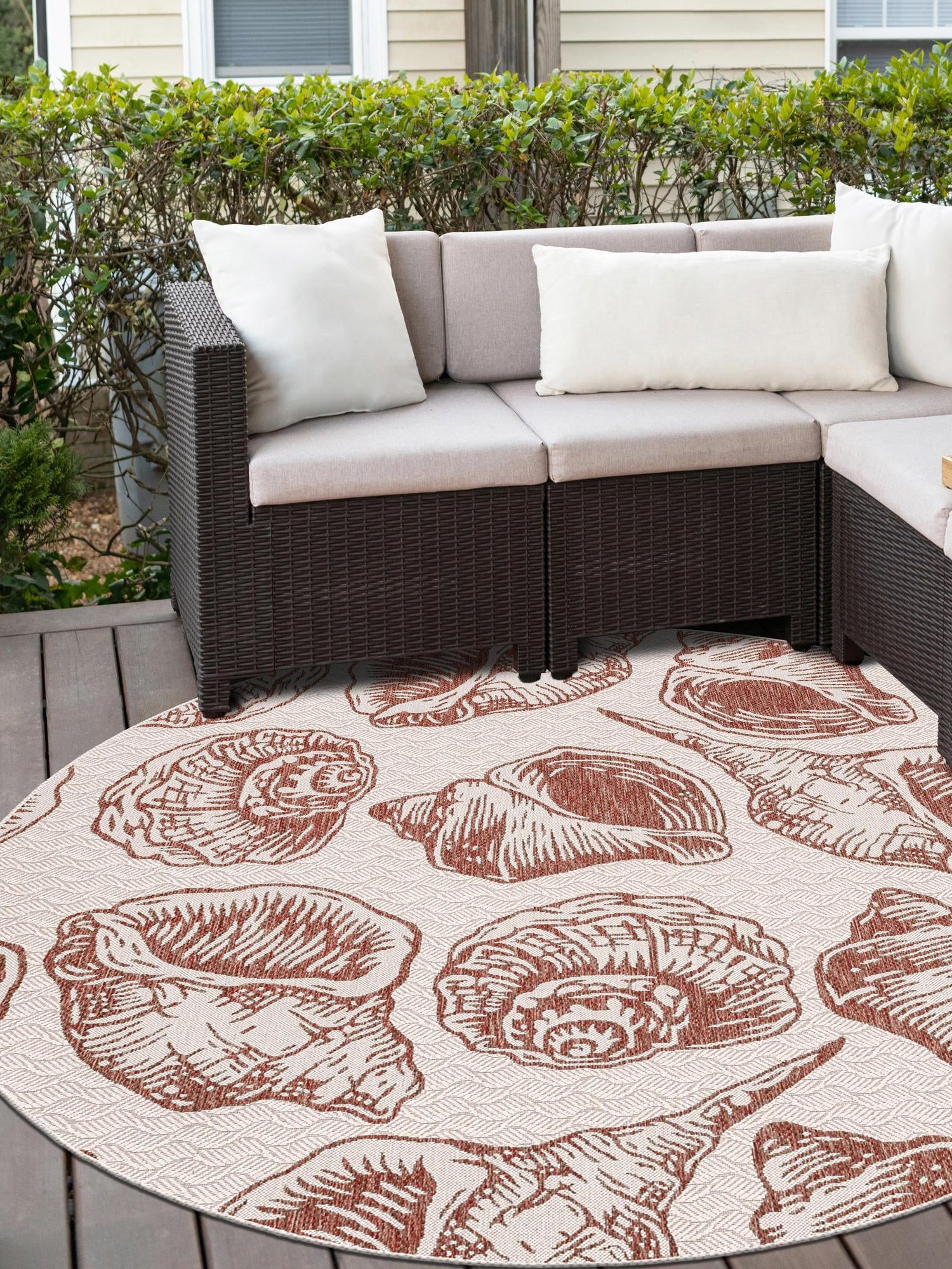 Ivory Rust Red 3' 1 x 3' 1 Outdoor Coastal Round Area Rug Weather Resistant for Patio, Deck, Terrace, Balcony, Porch 100% Polypropylene Coastal Decor Carpet for Sale at Rug Engine