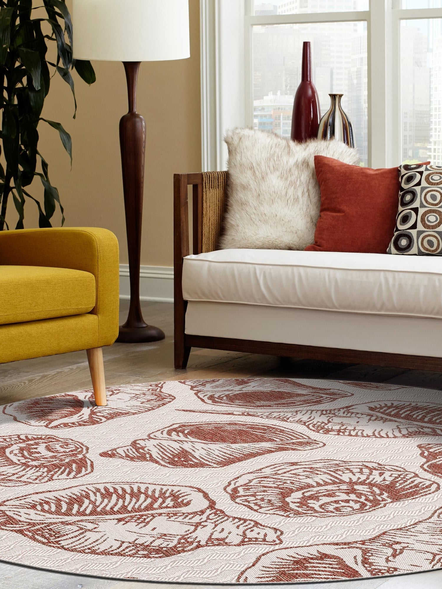 Ivory Rust Red 3' 1 x 3' 1 Outdoor Coastal Round Area Rug Weather Resistant for Patio, Deck, Terrace, Balcony, Porch 100% Polypropylene Coastal Decor Carpet for Sale at Rug Engine
