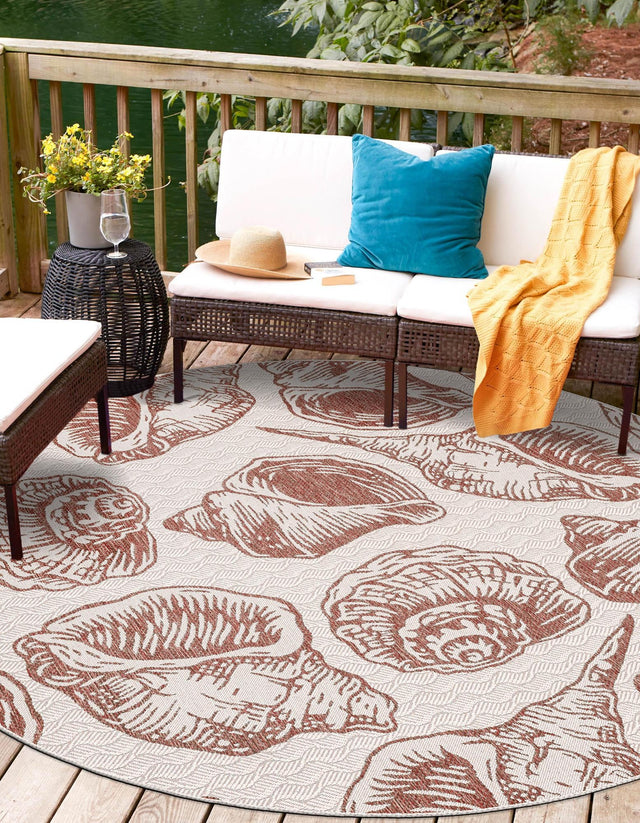 Ivory Rust Red 12' x 12' Outdoor Coastal Round Area Rug Weather Resistant for Patio, Deck, Terrace, Balcony, Porch 100% Polypropylene Coastal Decor Carpet for Sale at Rug Engine