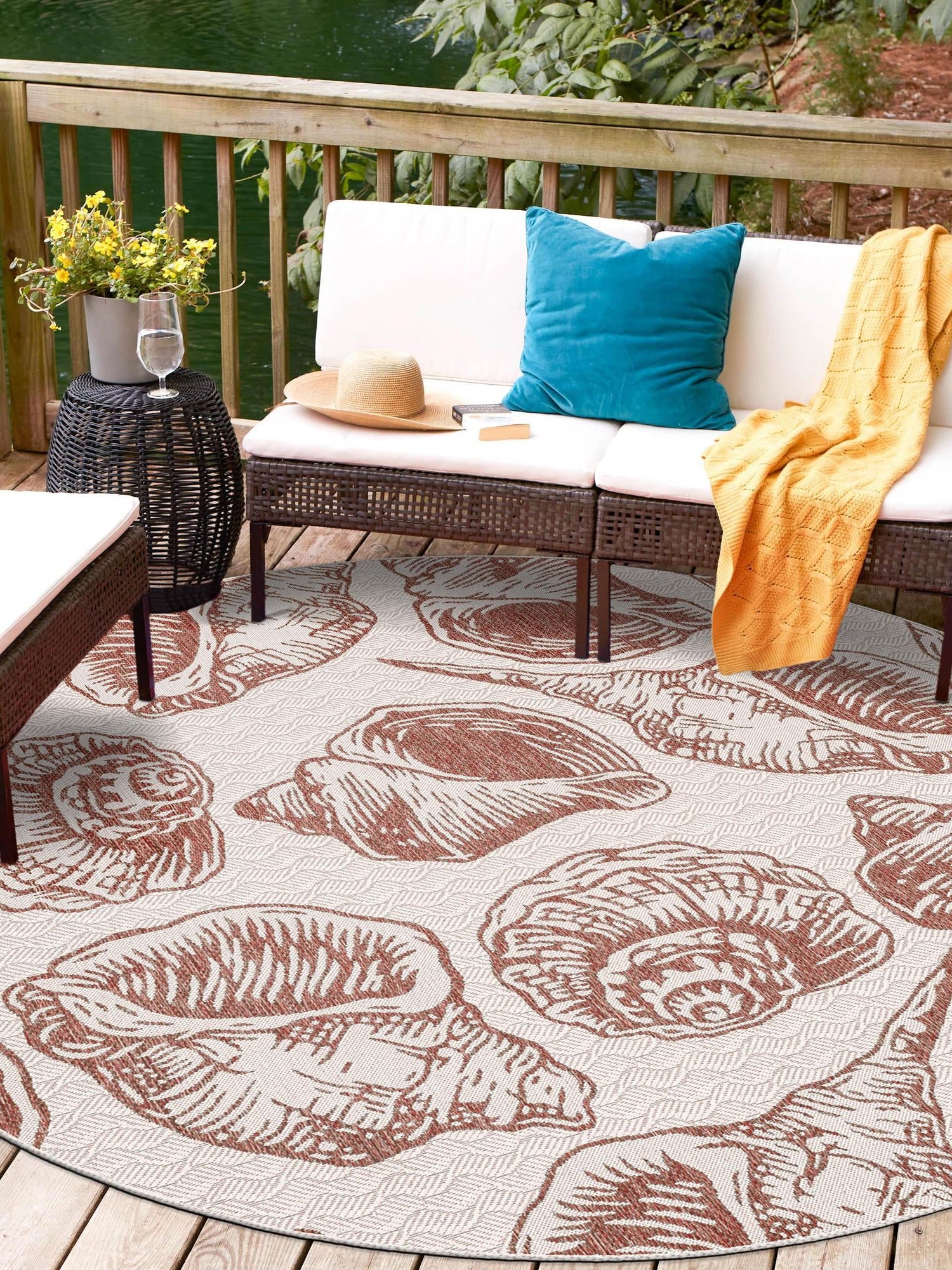 Ivory Rust Red 3' 1 x 3' 1 Outdoor Coastal Round Area Rug Weather Resistant for Patio, Deck, Terrace, Balcony, Porch 100% Polypropylene Coastal Decor Carpet for Sale at Rug Engine