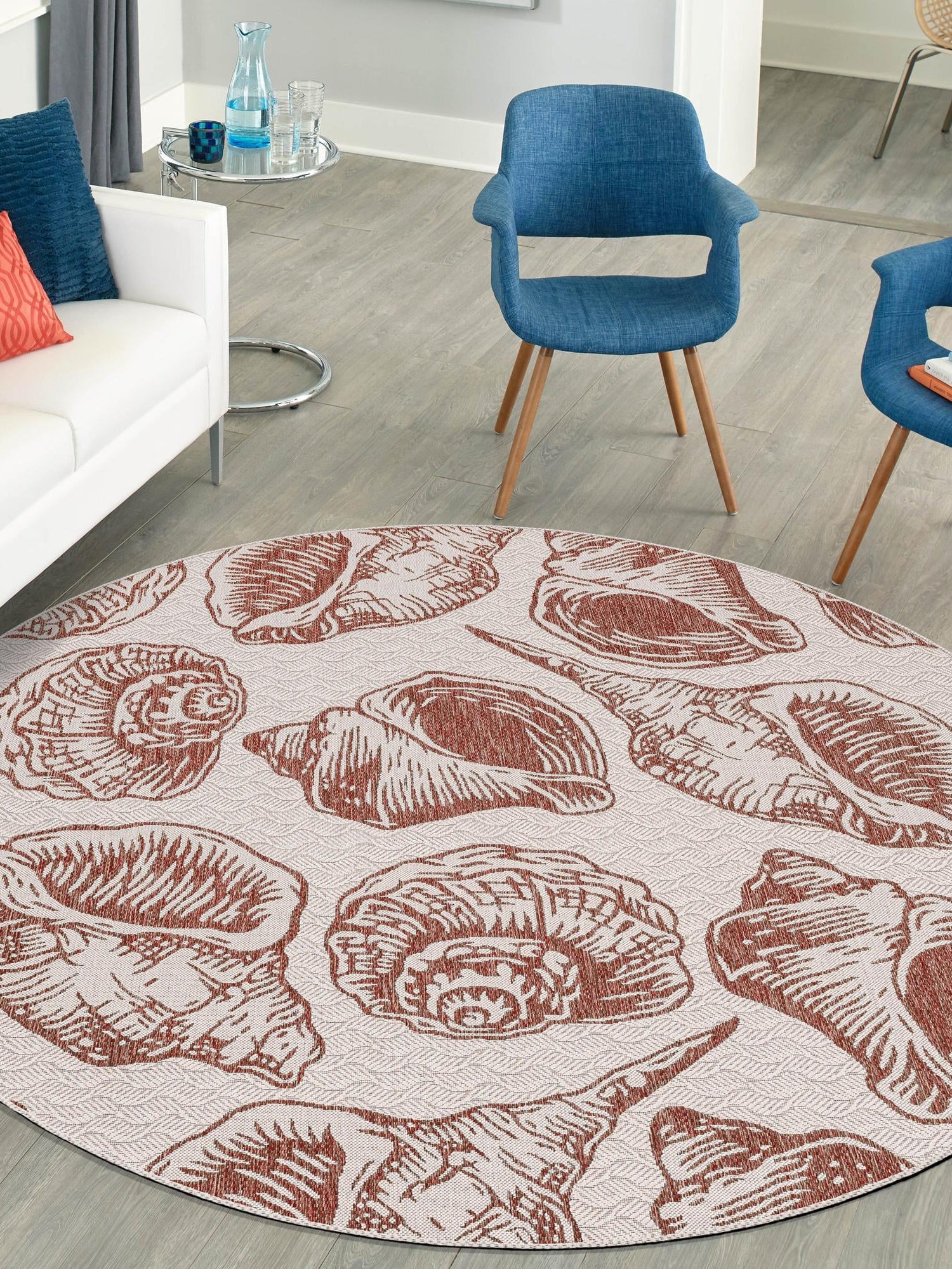 Ivory Rust Red 12' x 12' Outdoor Coastal Round Area Rug Weather Resistant for Patio, Deck, Terrace, Balcony, Porch 100% Polypropylene Coastal Decor Carpet for Sale at Rug Engine