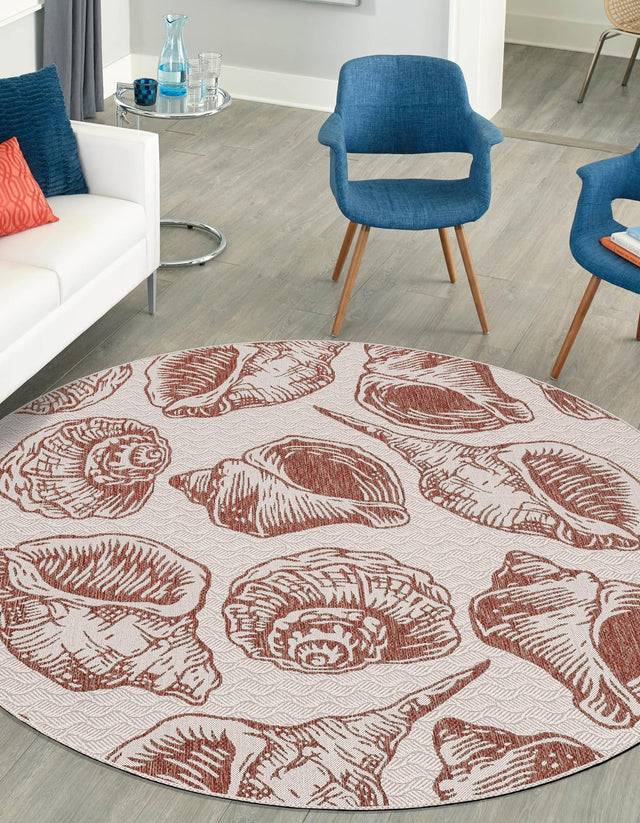 Ivory Rust Red 12' x 12' Outdoor Coastal Round Area Rug Weather Resistant for Patio, Deck, Terrace, Balcony, Porch 100% Polypropylene Coastal Decor Carpet for Sale at Rug Engine