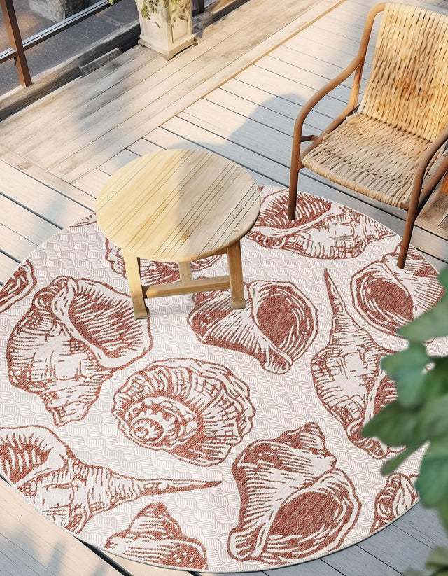 Ivory Rust Red 3' 1 x 3' 1 Outdoor Coastal Round Area Rug Weather Resistant for Patio, Deck, Terrace, Balcony, Porch 100% Polypropylene Coastal Decor Carpet for Sale at Rug Engine