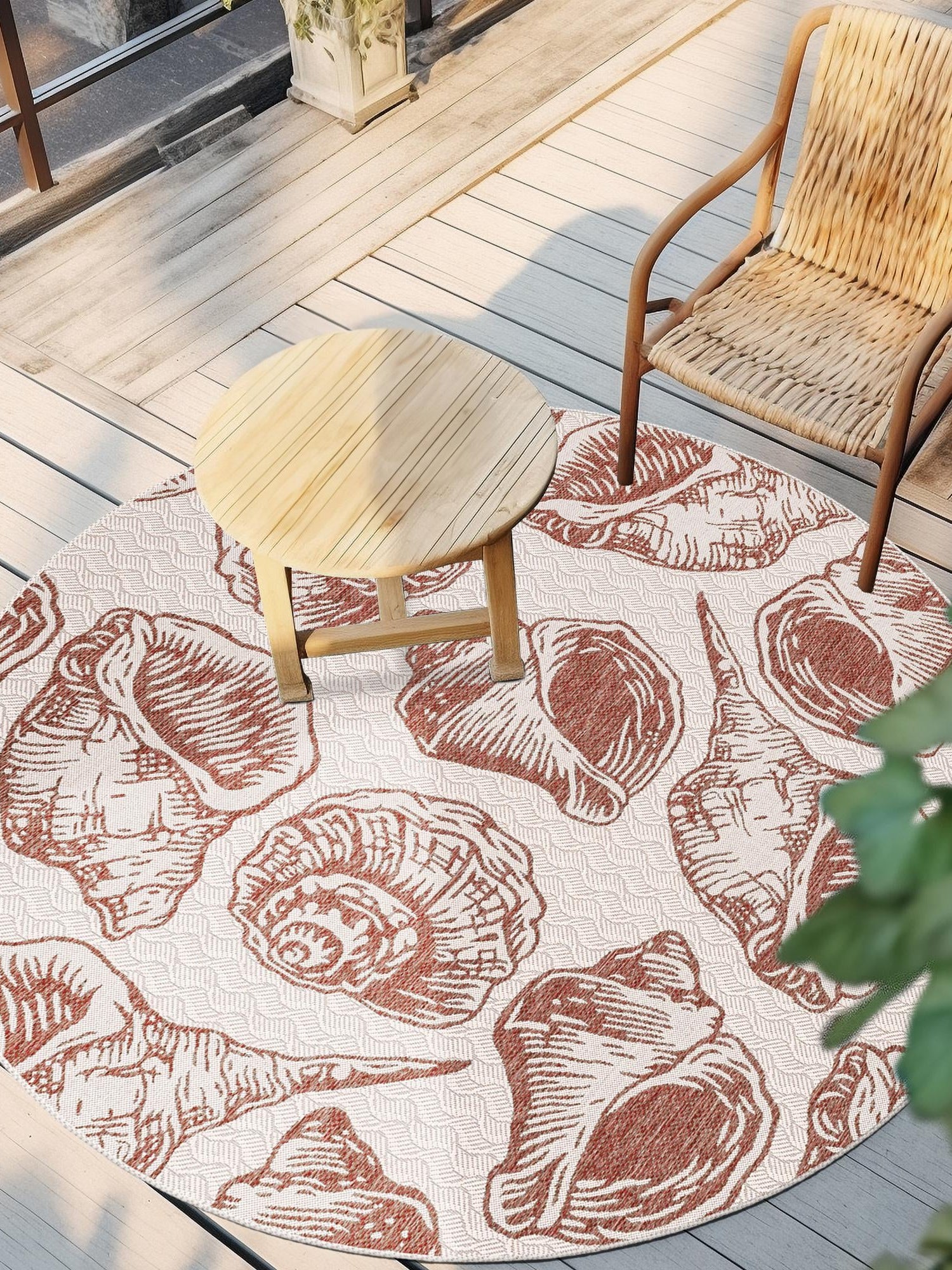 Ivory Rust Red 12' x 12' Outdoor Coastal Round Area Rug Weather Resistant for Patio, Deck, Terrace, Balcony, Porch 100% Polypropylene Coastal Decor Carpet for Sale at Rug Engine