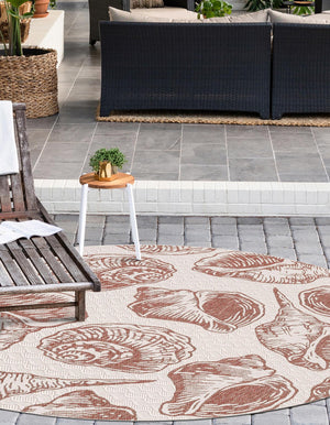 Ivory Rust Red 5' 3 x 5' 3 Outdoor Coastal Round Area Rug Weather Resistant for Patio, Deck, Terrace, Balcony, Porch 100% Polypropylene Coastal Decor Carpet for Sale at Rug Engine