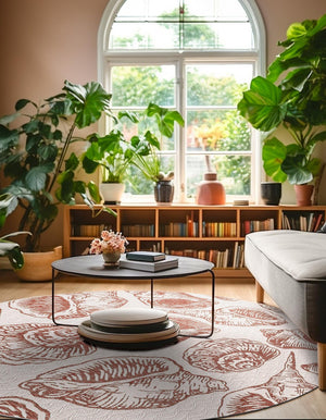 Ivory Rust Red 5' 3 x 5' 3 Outdoor Coastal Round Area Rug Weather Resistant for Patio, Deck, Terrace, Balcony, Porch 100% Polypropylene Coastal Decor Carpet for Sale at Rug Engine