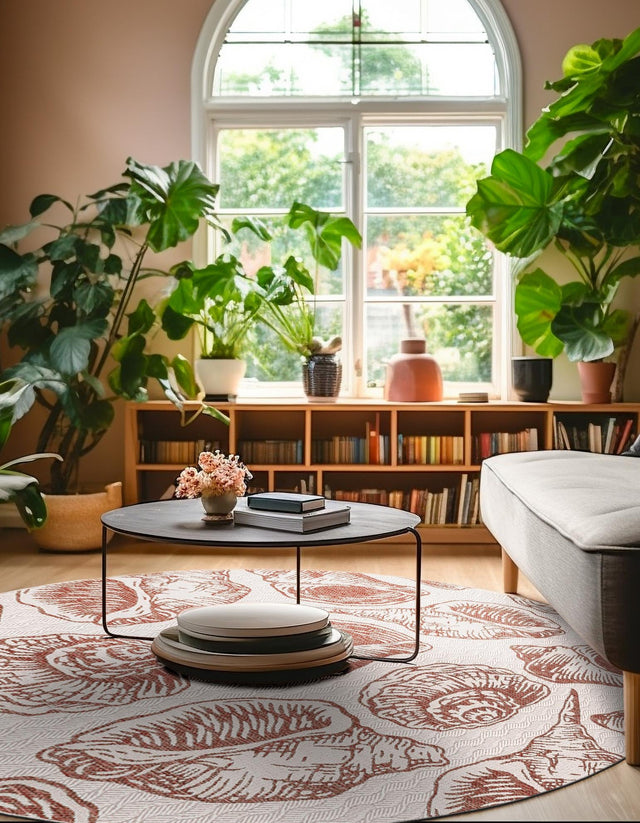 Ivory Rust Red 5' 3 x 5' 3 Outdoor Coastal Round Area Rug Weather Resistant for Patio, Deck, Terrace, Balcony, Porch 100% Polypropylene Coastal Decor Carpet for Sale at Rug Engine