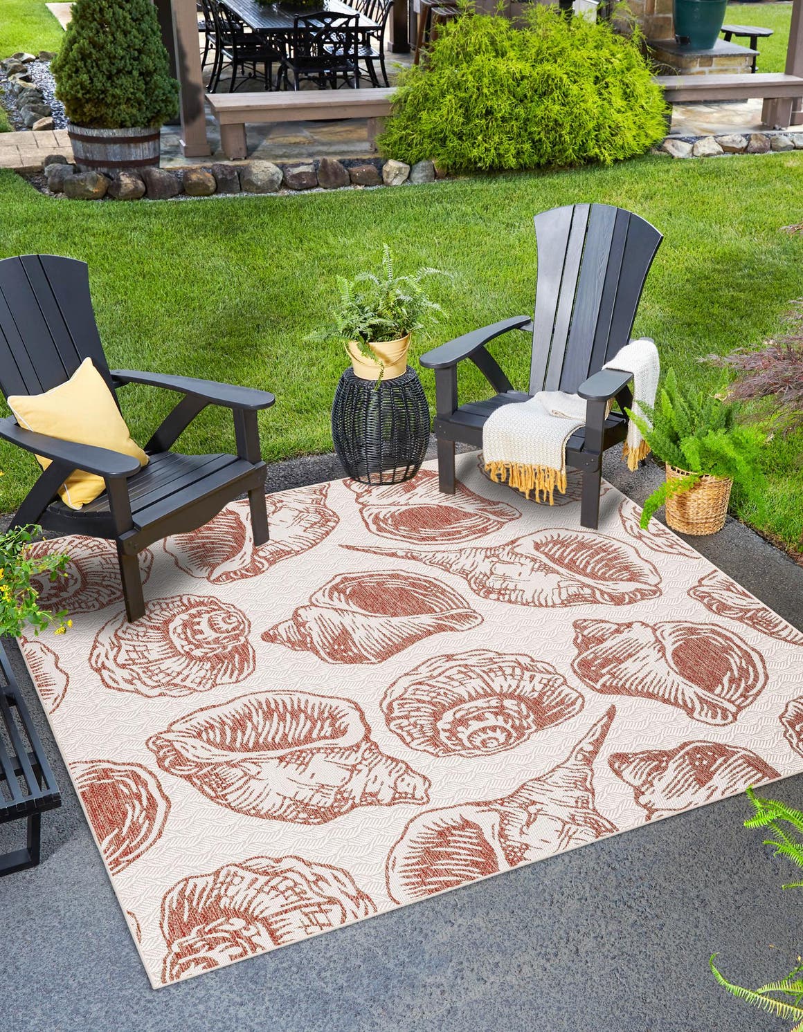 Ivory Rust Red 10' x 10' Outdoor Coastal Square Area Rug Weather Resistant for Patio, Deck, Terrace, Balcony, Porch 100% Polypropylene Coastal Decor Carpet for Sale at Rug Engine