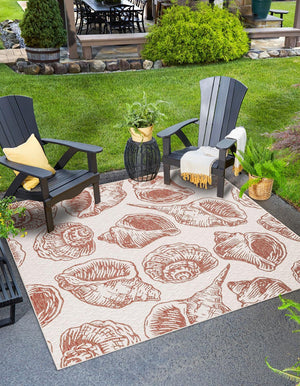 Ivory Rust Red 10' x 10' Outdoor Coastal Square Area Rug Weather Resistant for Patio, Deck, Terrace, Balcony, Porch 100% Polypropylene Coastal Decor Carpet for Sale at Rug Engine