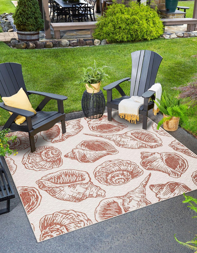 Ivory Rust Red 10' x 10' Outdoor Coastal Square Area Rug Weather Resistant for Patio, Deck, Terrace, Balcony, Porch 100% Polypropylene Coastal Decor Carpet for Sale at Rug Engine