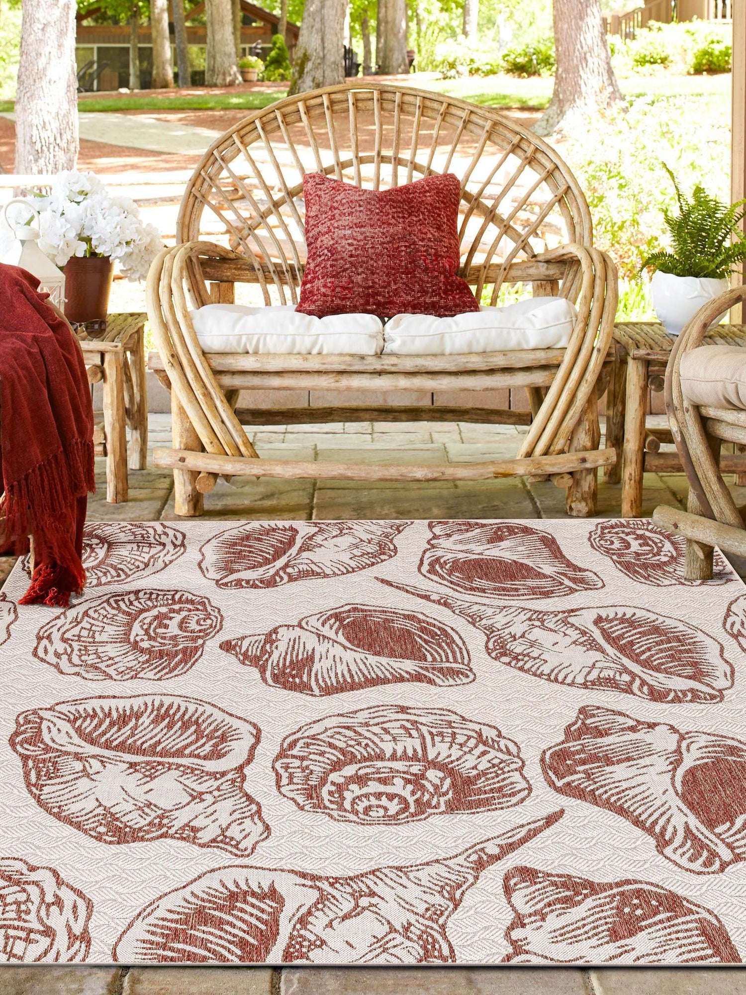 Ivory Rust Red 7' 10 x 7' 10 Outdoor Coastal Square Area Rug Weather Resistant for Patio, Deck, Terrace, Balcony, Porch 100% Polypropylene Coastal Decor Carpet for Sale at Rug Engine