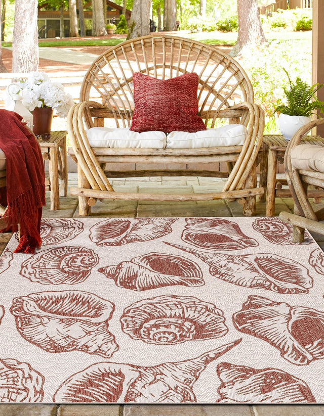 Ivory Rust Red 7' 10 x 7' 10 Outdoor Coastal Square Area Rug Weather Resistant for Patio, Deck, Terrace, Balcony, Porch 100% Polypropylene Coastal Decor Carpet for Sale at Rug Engine