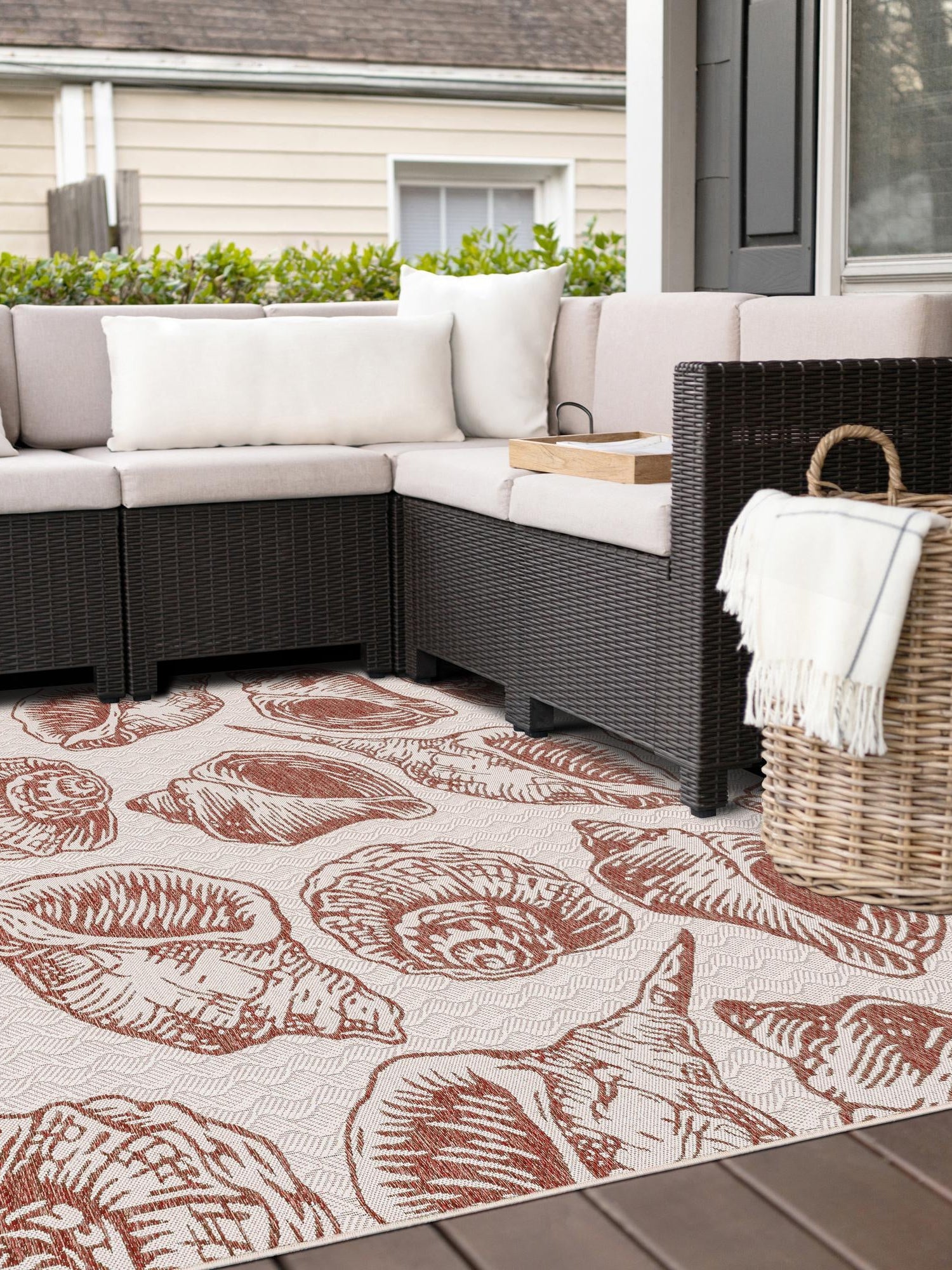 Ivory Rust Red 7' 10 x 7' 10 Outdoor Coastal Square Area Rug Weather Resistant for Patio, Deck, Terrace, Balcony, Porch 100% Polypropylene Coastal Decor Carpet for Sale at Rug Engine