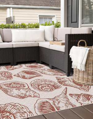 Ivory Rust Red 7' 10 x 7' 10 Outdoor Coastal Square Area Rug Weather Resistant for Patio, Deck, Terrace, Balcony, Porch 100% Polypropylene Coastal Decor Carpet for Sale at Rug Engine
