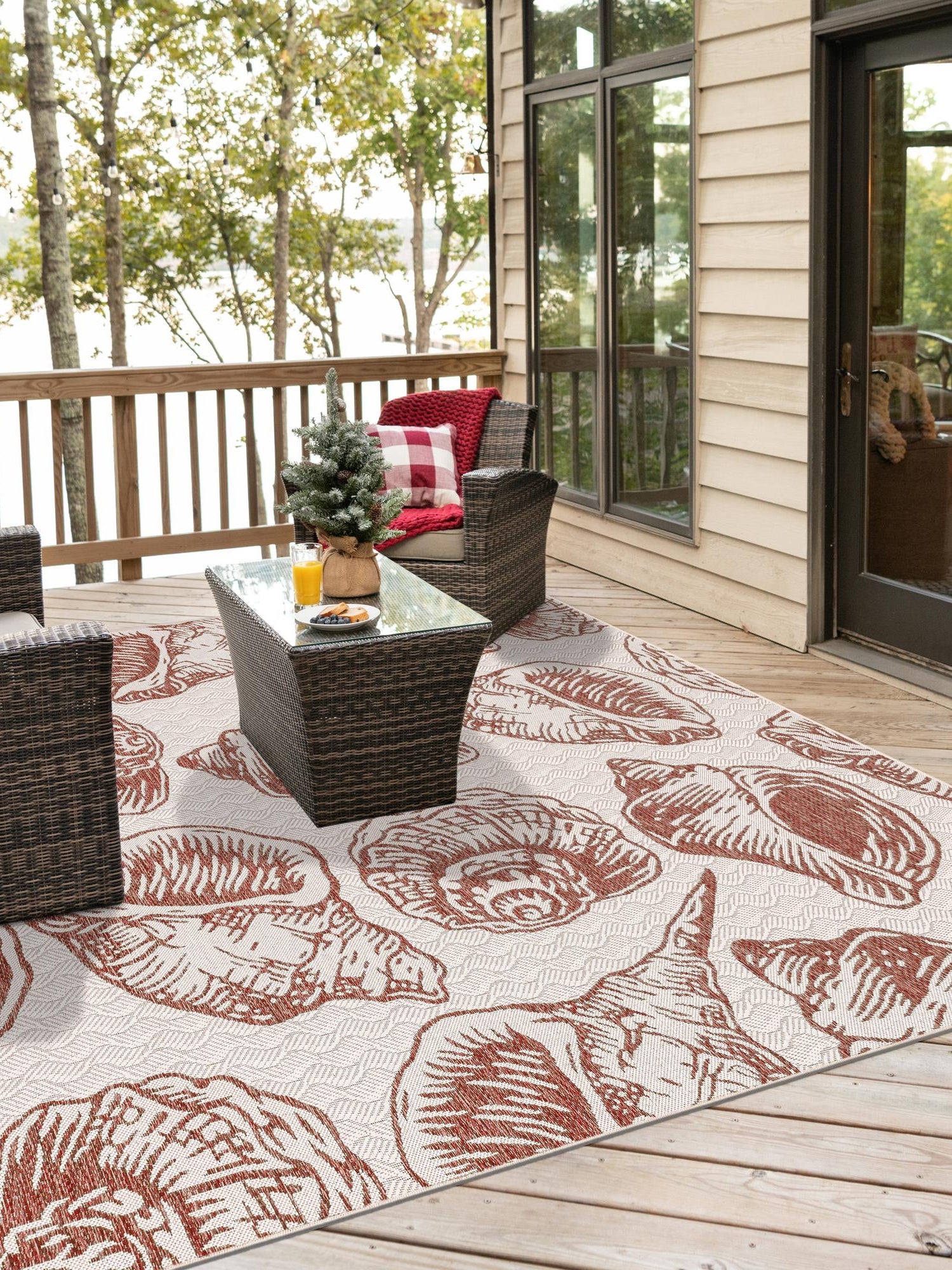 Ivory Rust Red 10' x 10' Outdoor Coastal Square Area Rug Weather Resistant for Patio, Deck, Terrace, Balcony, Porch 100% Polypropylene Coastal Decor Carpet for Sale at Rug Engine