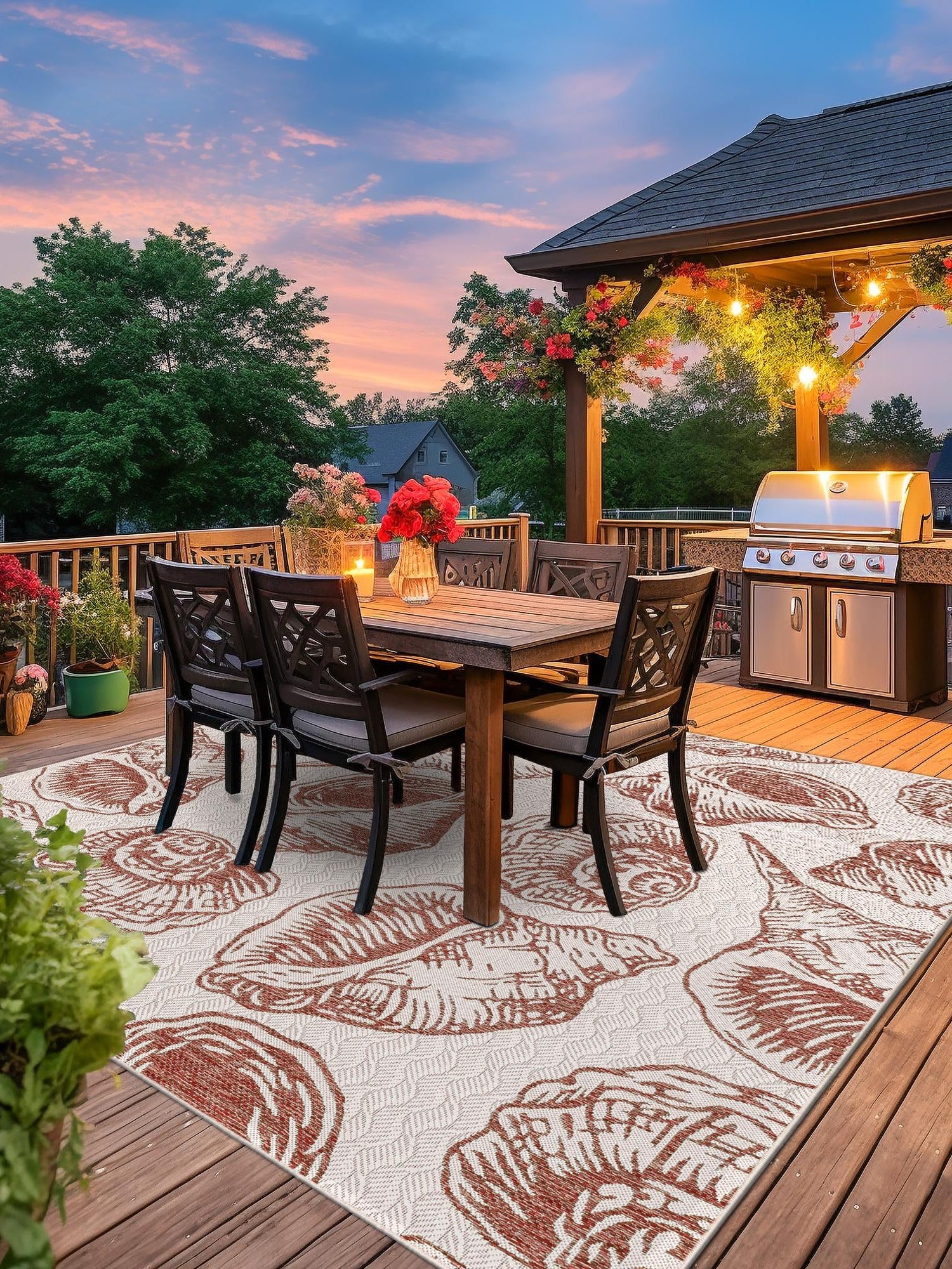 Ivory Rust Red 7' 10 x 7' 10 Outdoor Coastal Square Area Rug Weather Resistant for Patio, Deck, Terrace, Balcony, Porch 100% Polypropylene Coastal Decor Carpet for Sale at Rug Engine