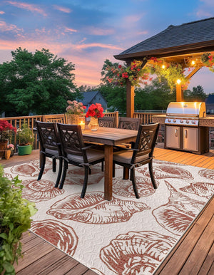 Ivory Rust Red 7' 10 x 7' 10 Outdoor Coastal Square Area Rug Weather Resistant for Patio, Deck, Terrace, Balcony, Porch 100% Polypropylene Coastal Decor Carpet for Sale at Rug Engine