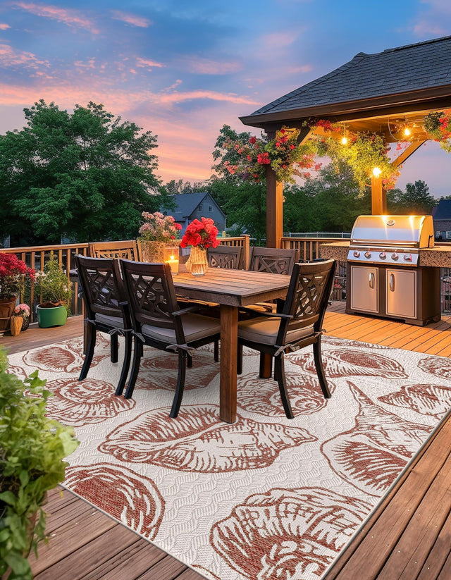 Ivory Rust Red 10' x 10' Outdoor Coastal Square Area Rug Weather Resistant for Patio, Deck, Terrace, Balcony, Porch 100% Polypropylene Coastal Decor Carpet for Sale at Rug Engine