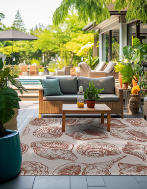 Ivory Rust Red 12' x 12' Outdoor Coastal Square Area Rug Weather Resistant for Patio, Deck, Terrace, Balcony, Porch 100% Polypropylene Coastal Decor Carpet for Sale at Rug Engine