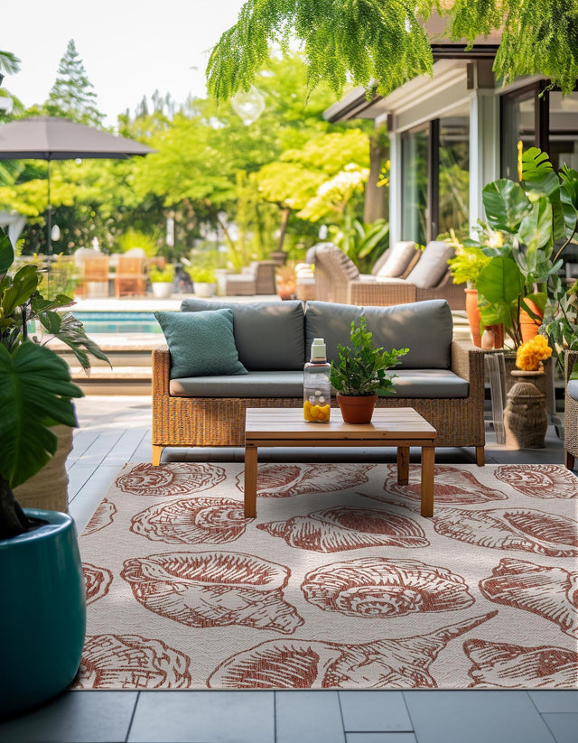 Ivory Rust Red 10' x 10' Outdoor Coastal Square Area Rug Weather Resistant for Patio, Deck, Terrace, Balcony, Porch 100% Polypropylene Coastal Decor Carpet for Sale at Rug Engine