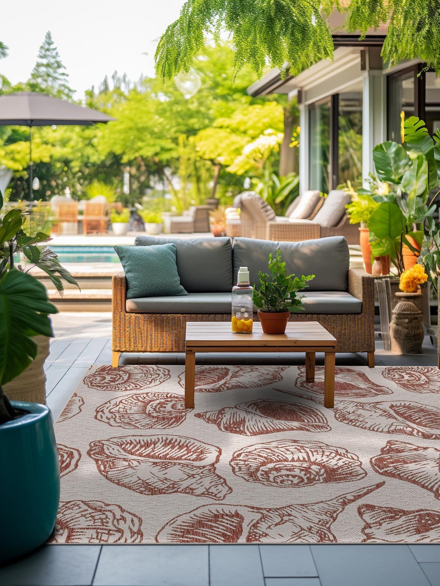 Ivory Rust Red 7' 10 x 7' 10 Outdoor Coastal Square Area Rug Weather Resistant for Patio, Deck, Terrace, Balcony, Porch 100% Polypropylene Coastal Decor Carpet for Sale at Rug Engine